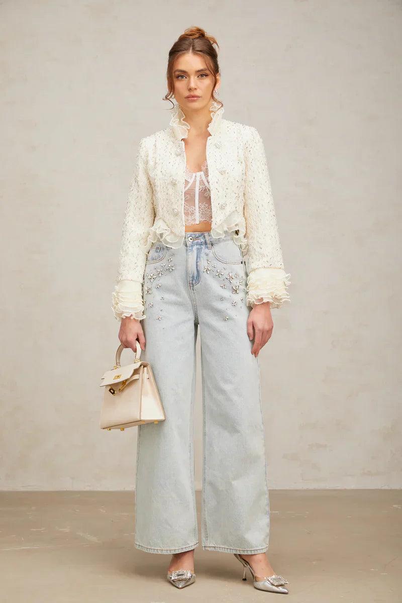 Margot | Casaco Curto em Tweed Branco com Pérolas e Pedrarias