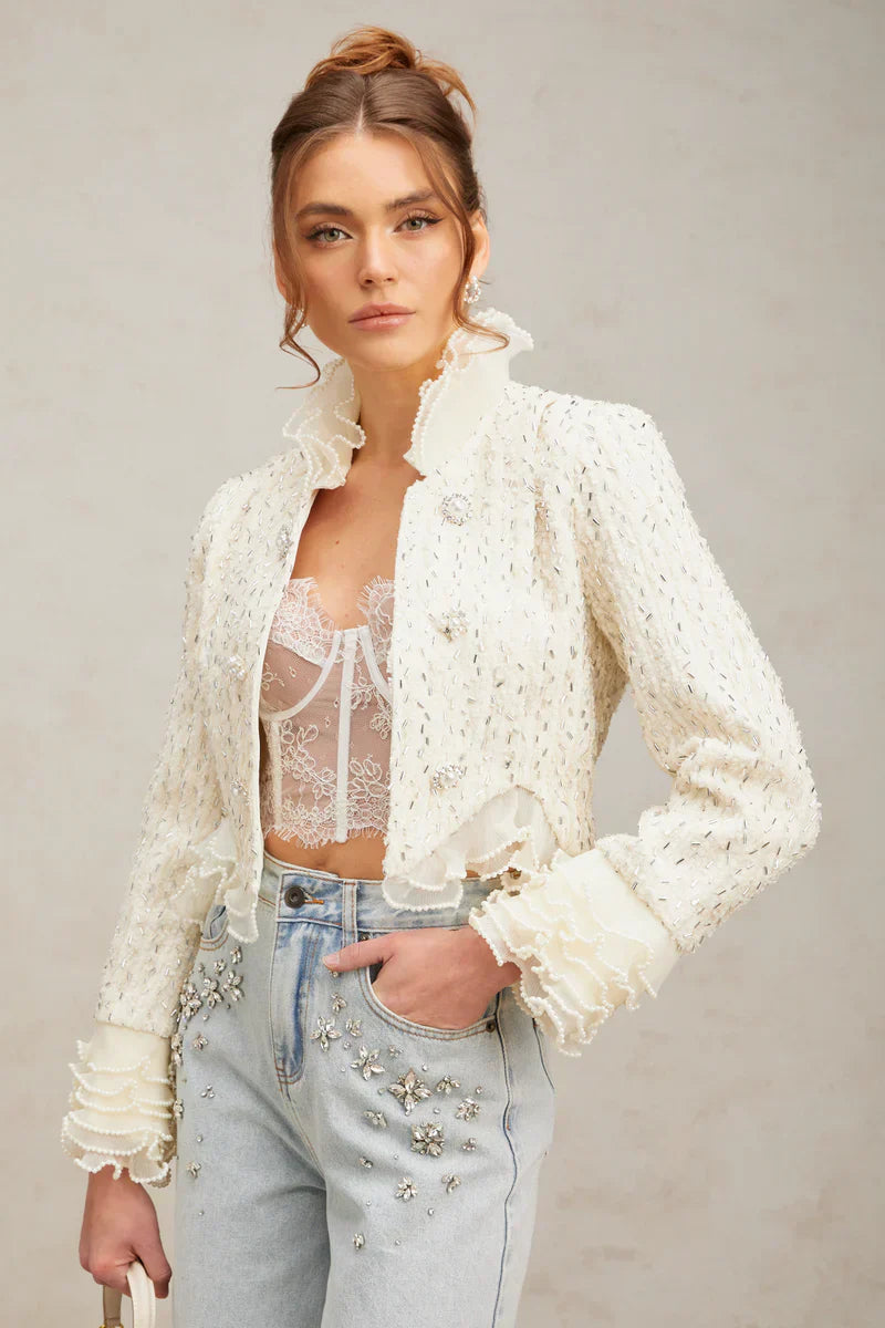Margot | Casaco Curto em Tweed Branco com Pérolas e Pedrarias
