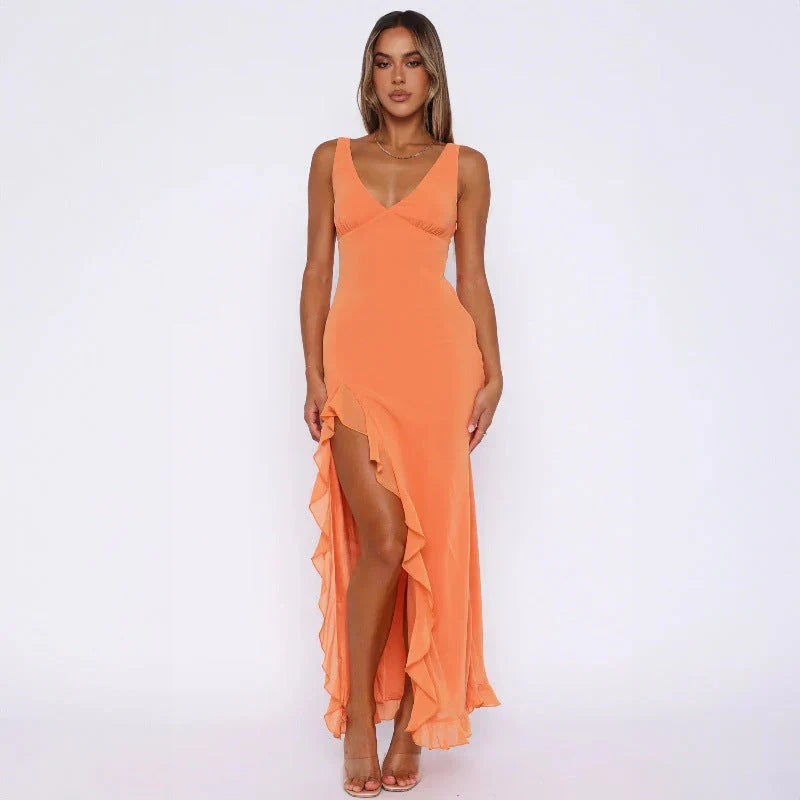 Zaretha | Vestido Longo Amarelo com Alças Finas e Fenda Alta