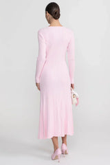Letícia | Vestido Midi Canelado Rosa com Detalhes em Renda