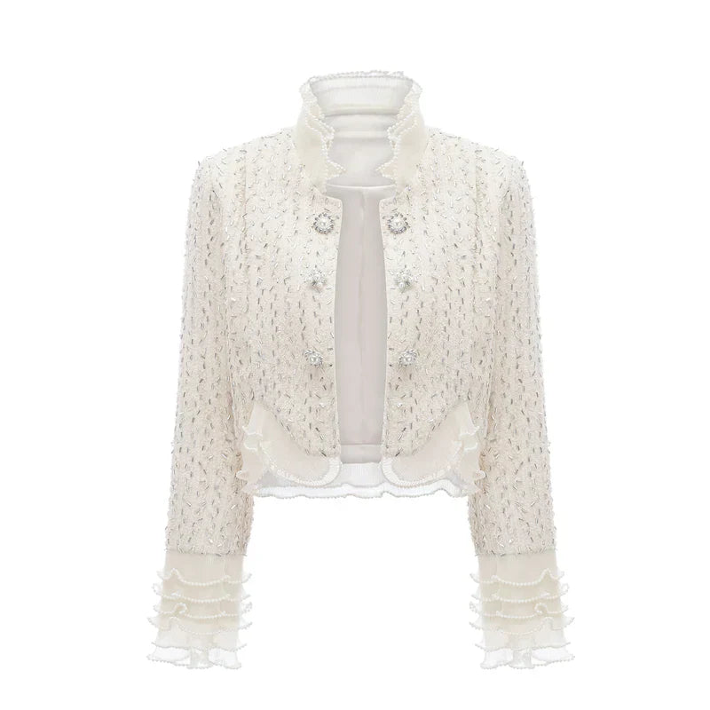 Margot | Casaco Curto em Tweed Branco com Pérolas e Pedrarias