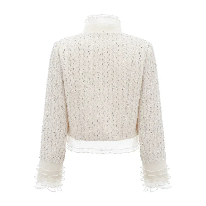 Margot | Casaco Curto em Tweed Branco com Pérolas e Pedrarias