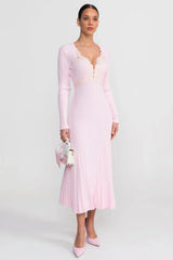 Letícia | Vestido Midi Canelado Rosa com Detalhes em Renda