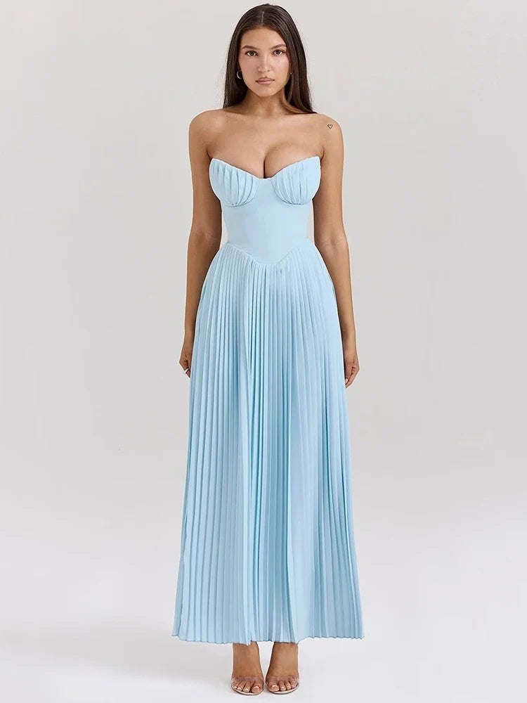 Vestido Longo Design de Espartilho, Saia Plissada e Luxo Moderno
