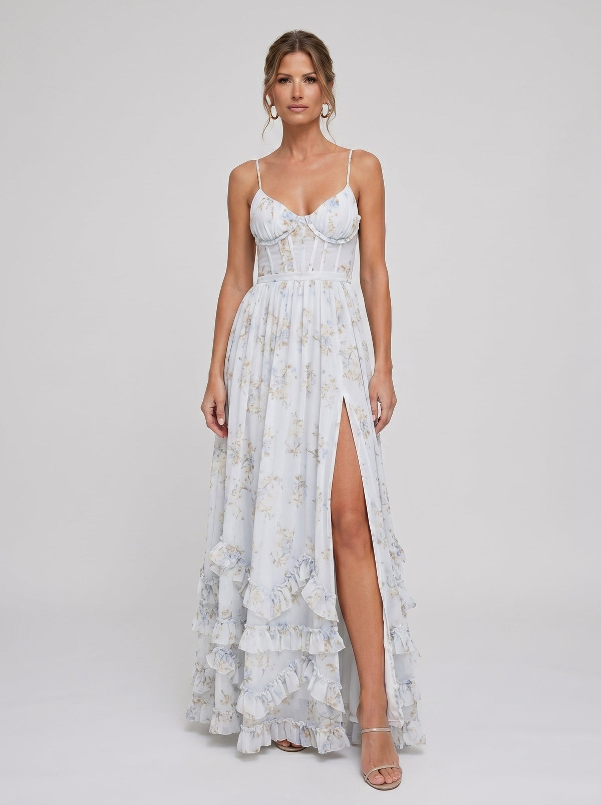 Lídia | Vestido Longo Floral em Tule com Fenda e Decote em V Profundo