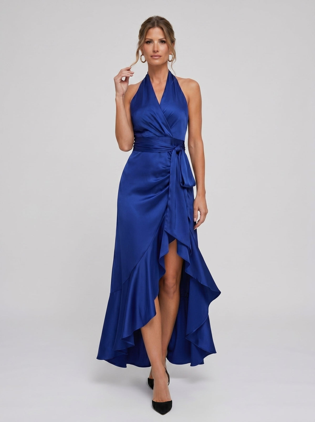 Lorena | Vestido Longo Azul Royal com Decote Halter Cruzado e Babado Assimétrico