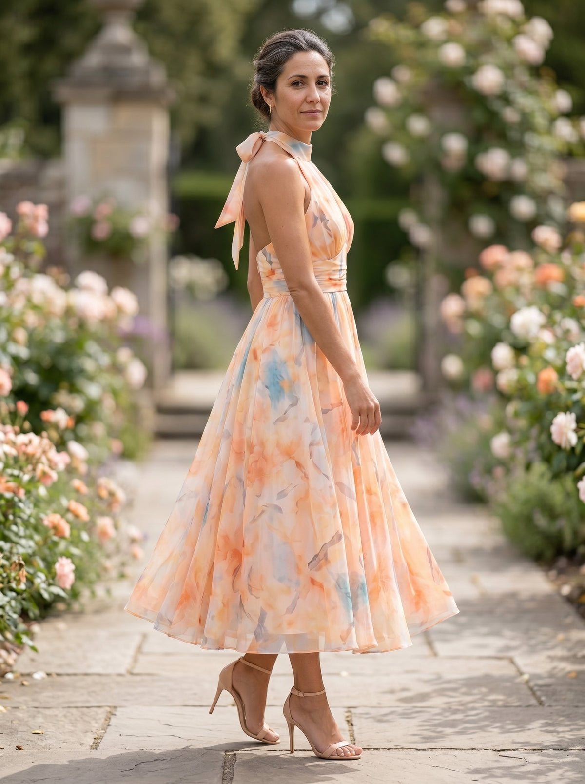 Renata | Vestido Midi Coral Floral com Decote Halter e Saia Plissada