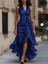 Lorena | Vestido Longo Azul Royal com Decote Halter Cruzado e Babado Assimétrico