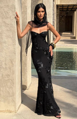 Justine — Vestido Longo Corset com Aplicação Floral e Bojo