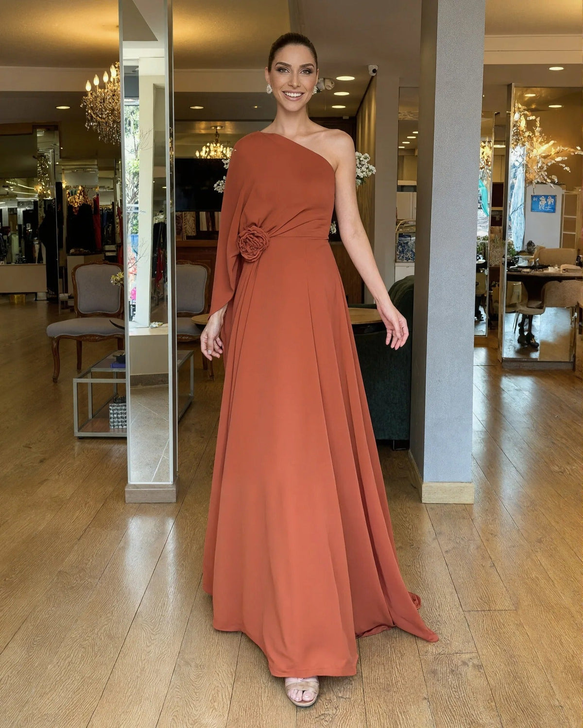 LUIZA | Vestido Longo de Chiffon Ombro Assimétrico