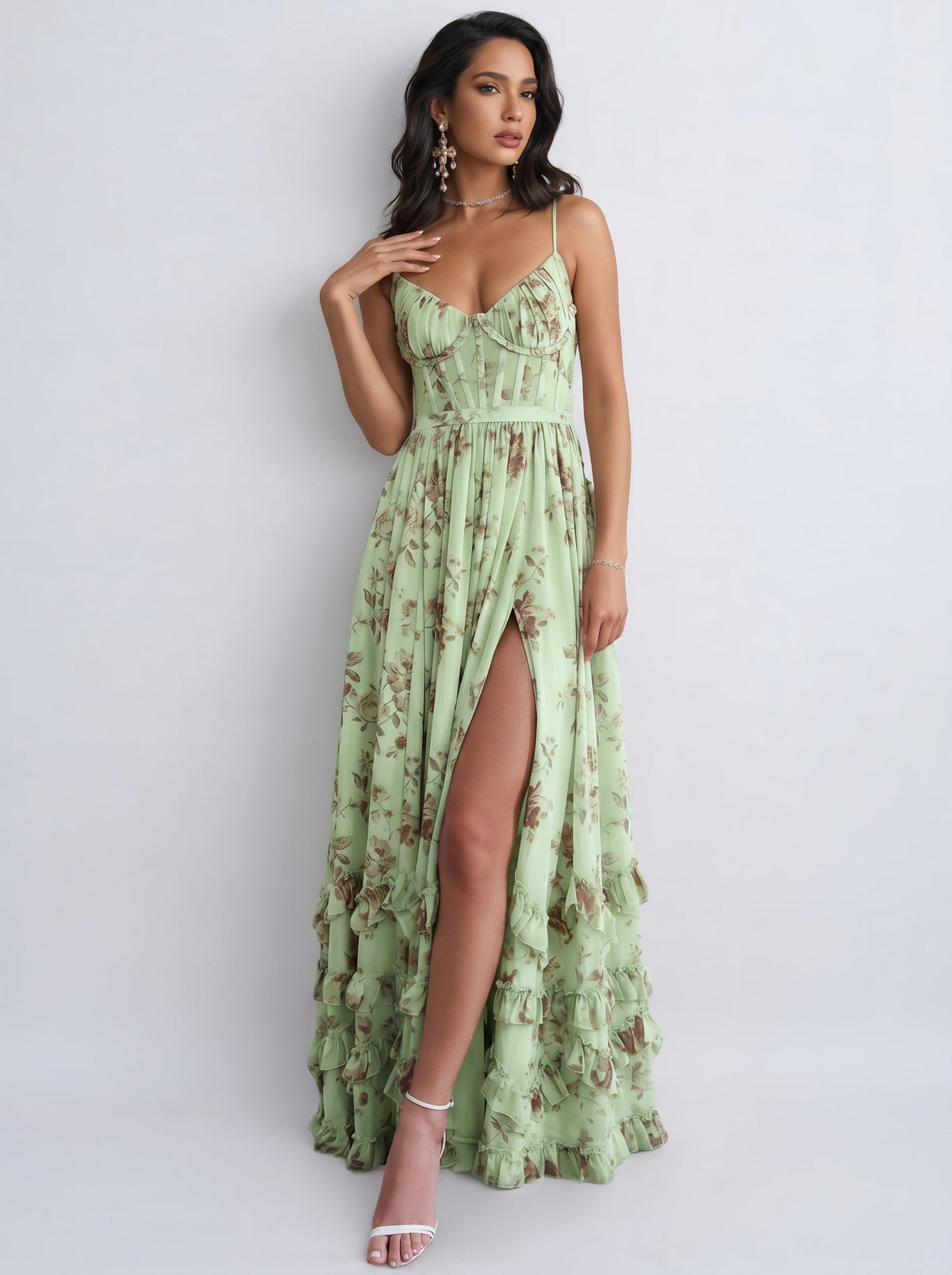 Lídia | Vestido Longo Floral em Tule com Fenda e Decote em V Profundo